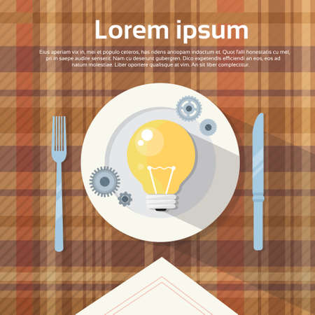 Plate With Light Bulb Concept New Creative Idea Dish Flat Vector Illustrationのイラスト素材
