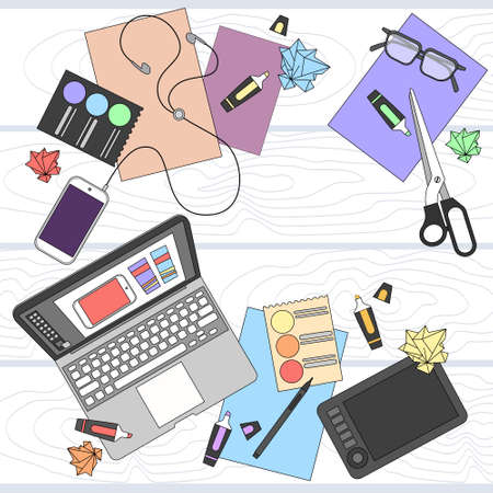 Designer Work Place Table Design Top Angle View Vector Illustrationのイラスト素材