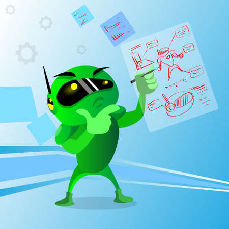 Green Robot Wear Digital Glasses Holding Hand Chin Pondering Doubtful Application Development Programming Flat Vector Illustrationのイラスト素材