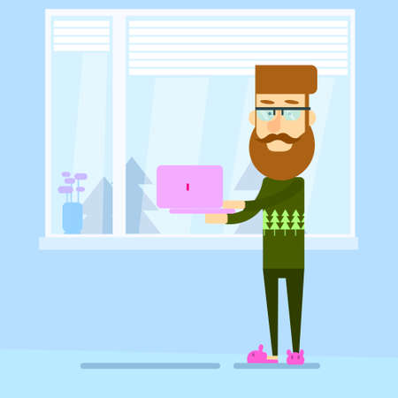 Hipster Man Holding Laptop Computer Stand Near Window Home Flat Vector Illustrationのイラスト素材