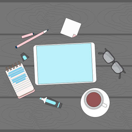 Business Office Workplace Desk Tablet Computer Empty Screen Copy Space Top Angle Above View Vector Illustrationのイラスト素材