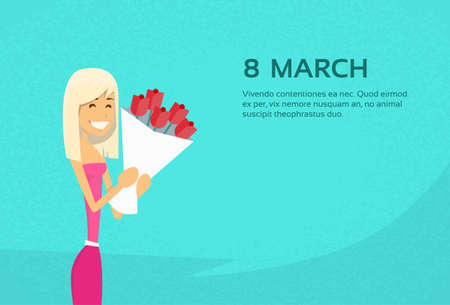 Woman Hold Rose Flower Bouquet 8 March Copy Space Flat Vector Illustrationのイラスト素材