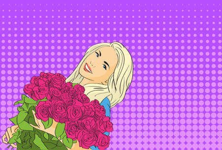 Woman Hold Rose Flower Bouquet Pop Art Colorful Retro Style Vector Illustrationのイラスト素材