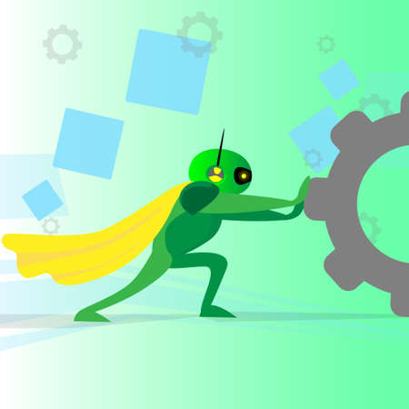 Modern Robot In Digital Glasses Pushing Cogwheel Flat Vector Illustrationのイラスト素材