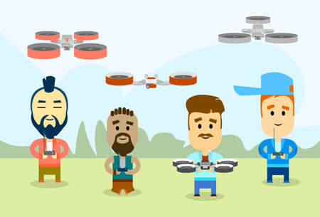 People Group Remote Control Drone Flying Air Quadrocopter Park Outdoors Flat Vector Illustrationのイラスト素材