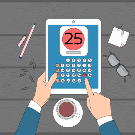 Calendar Hand Hold Tablet Computer Digital Device 25 Last Financial Statements Date Month Deadline Vector Illustrationのイラスト素材