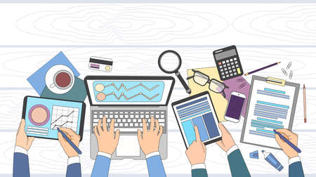 Business People Group Work Table Workplace Laptop Tablet Office Top View Vector Illustrationのイラスト素材