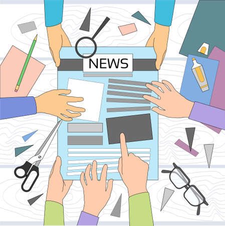 News Editor Desk Workspace, Making Newspaper Creating Article Writing Journalists Crew, Hands Team Group Vector Illustrationのイラスト素材