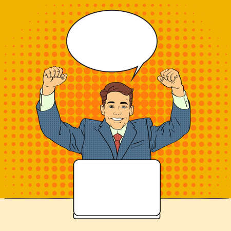 Business Man Success Celebrating Hand Up Sit Laptop Computer Pop Art Colorful Retro Style Chat Bubble Flat Vector Illustrationのイラスト素材