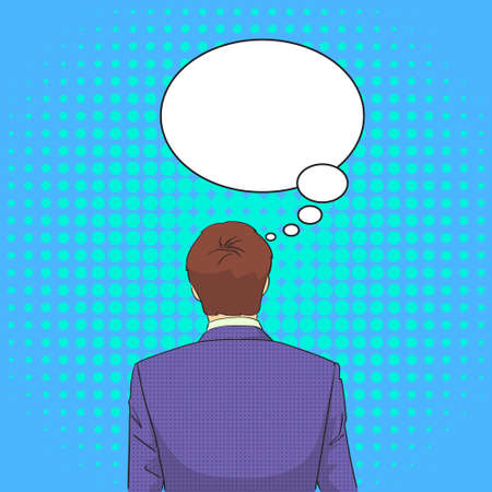 Business Man Standing Back Ponder Thinking Pop Art Retro Style Chat Bubble Vector Illustrationのイラスト素材