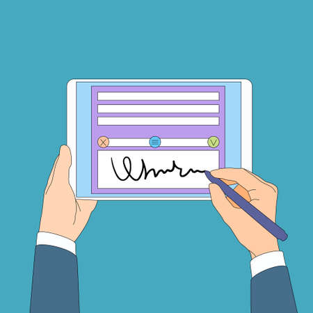 Digital Signature Tablet Computer Businessman Hands Sign Up Flat Vector Illustrationのイラスト素材