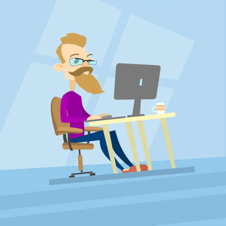 Business Man Hipster Work Computer, Desktop Type Casual Blogger, Freelancer Flat Vector Illustrationのイラスト素材