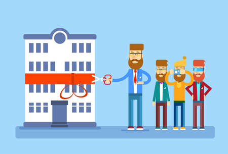 Grand Opening Man Group Open Presentation New Modern House Cut Red Ribbon Bow Flat Vector Illustrationのイラスト素材