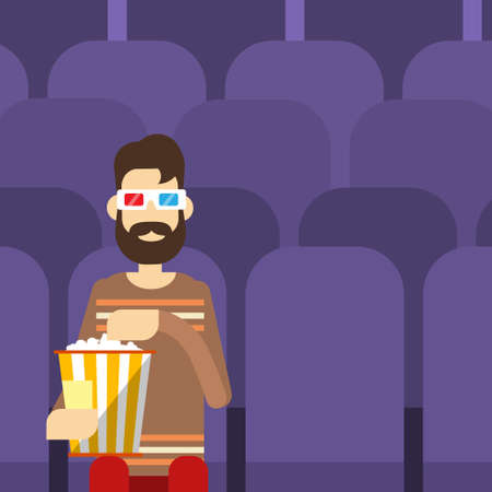 Man Sit Watching Movie In Cinema 3d Glasses With Popcorn Flat Vector Illustrationのイラスト素材