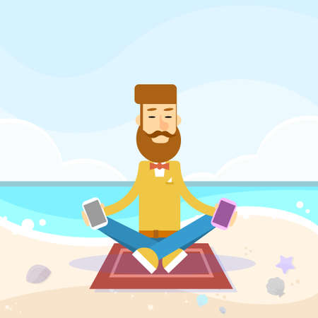 Man Sit On Sea Beach Vacation Lotus Pose Hold Cell Smart Phone Social Network Communication Concept Vector Illustrationのイラスト素材