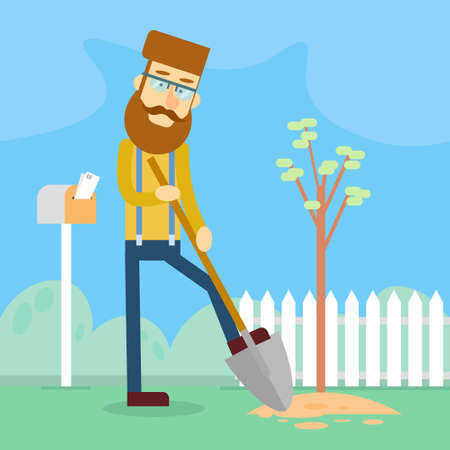Casual Man Hold Spade Plant Tree Garden Work Vector Illustrationのイラスト素材