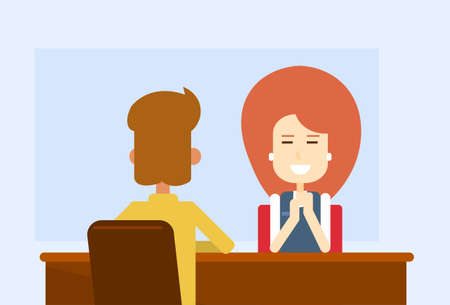 Business Meeting Office Woman Sit Table With Client Flat Vector Illustrationのイラスト素材