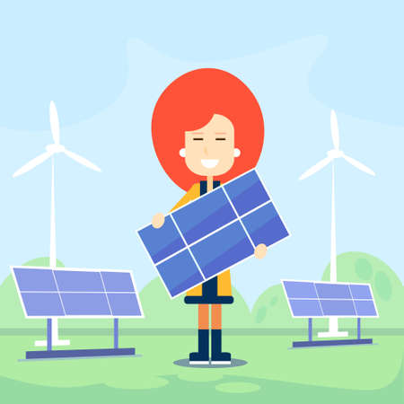 Woman Hold Solar Energy Panel Outdoor Wind Turbine Tower Recycle Technology Battery Station Flat...