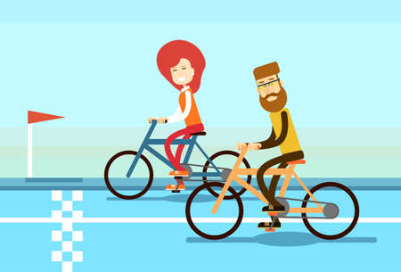 Couple Cyclists Racing Man Woman Ride Bicycle Race Finish Line Flat Illustrationのイラスト素材