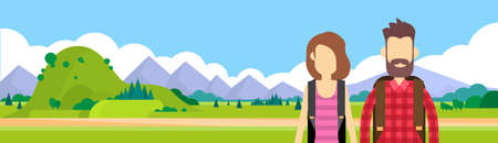 Traveler Couple Outdoor Hiking Man Woman Over Mountain Background Tourism Banner Illustrationのイラスト素材