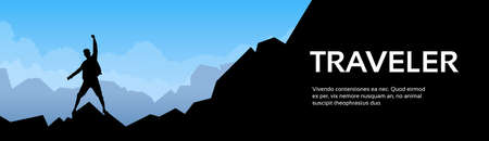 Traveler Man Silhouette Stand On Mountain Rock Empty Copy Space Illustrationのイラスト素材