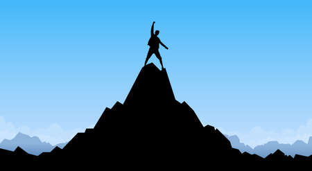 Traveler Man Silhouette Stand Top Mountain Rock Peak Climber Empty Copy Space Illustrationのイラスト素材