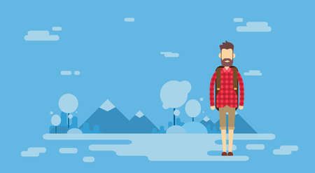 Traveler Man Outdoor Hiking Over Mountain Background Banner Illustrationのイラスト素材