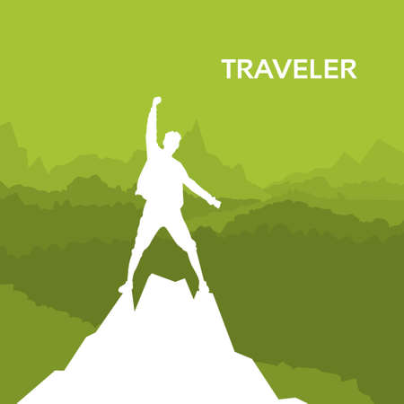 Traveler Man Silhouette Rock Climber Stand On Top Mountain Peak Green Background Illustrationのイラスト素材