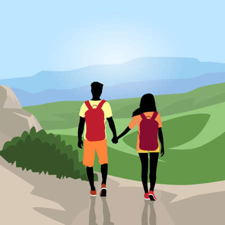 Traveler Couple Silhouette Hiking Mountain Top Valley Man Woman Rear View Nature Background Illustrationのイラスト素材