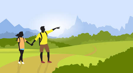 Couple Hiking Man Woman Silhouette Traveler Mountain Road Path Point Hand Green Valley Nature Background Illustrationのイラスト素材