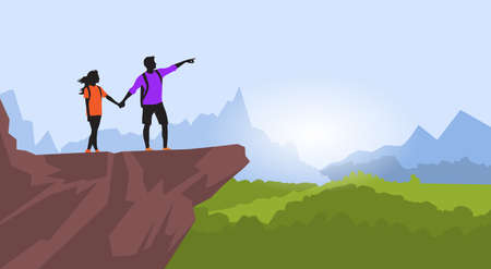 Couple Hiking Man Woman Silhouette Traveler Stand On Mountain Rock Cliff Point Hand Green Valley Nature Background Illustrationのイラスト素材