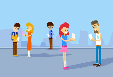 Group Of Student Holding Cell Smartphone Social Network Communication Concept Illustrationのイラスト素材
