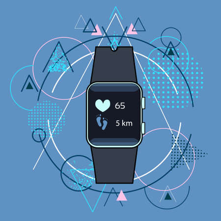 Smart Watch Fitness Tracker Application Technology Electronic Device Over Triangle Geometric Background Illustrationのイラスト素材