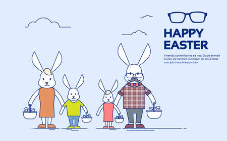 Big Rabbit Family Bunny Holding Basket Happy Easter Holiday Greeting Card Thin Line Vector Illustrationのイラスト素材