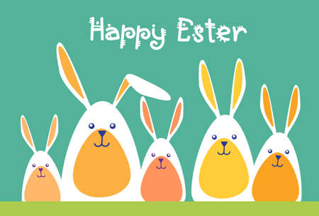 Rabbits Group Happy Easter Holiday Greeting Card Illustrationのイラスト素材