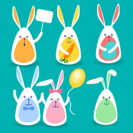 Rabbits Group Hold Banner, Colorful Eggs, Balloon, Carrot Happy Easter Holiday Set Collection Illustrationのイラスト素材