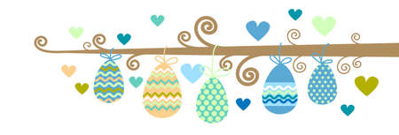 Decorated Colorful  Easter Holiday Eggs Hang On Tree Branch Flat Illustrationのイラスト素材