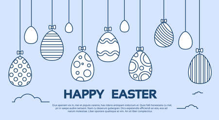 Eggs Easter Holiday Decorated Hanging Thin Line illustrationのイラスト素材