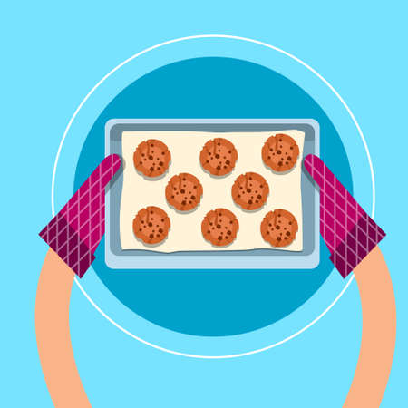 Hands In Kitchen Gloves Holding Tray With Cakes Biscuits Cupcakes Sweet Bakery Top Angle View Flat Illustrationのイラスト素材