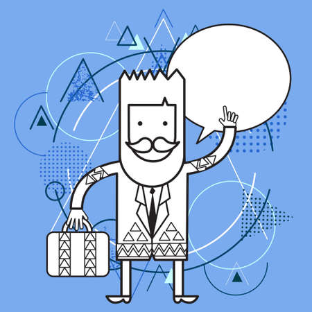 Business Man Hold Briefcase Point Finger Up To Chat Bubble Over Triangle Geometric Background Flat Illustrationのイラスト素材