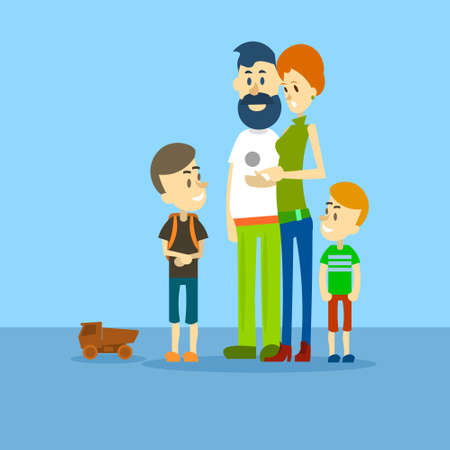 Big Family Father Mother Two Children Sons Flat Illustrationのイラスト素材