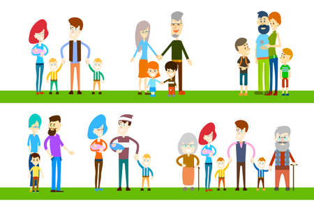 Big Family Children Parents Grandparents Generation Set Collection Flat Illustrationのイラスト素材
