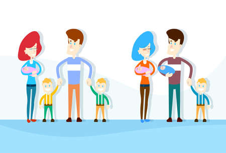 Family Children Parents Father Mother With Newborn Baby Son Collection Flat Illustrationのイラスト素材