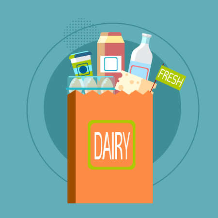 Shopping Bag With Fresh Dairy Food Products Flat Illustrationのイラスト素材