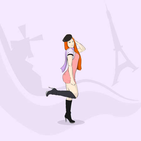 Fashion Girl Elegant Dress Hat Eiffel Tower Paris Background Illustrationのイラスト素材
