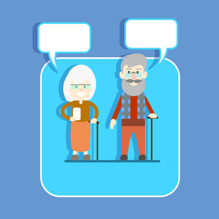 Senior Couple Man Woman With Stick Hold Cell Smart Phone Chat Bubble Modern Network Communication Concept Illustrationのイラスト素材