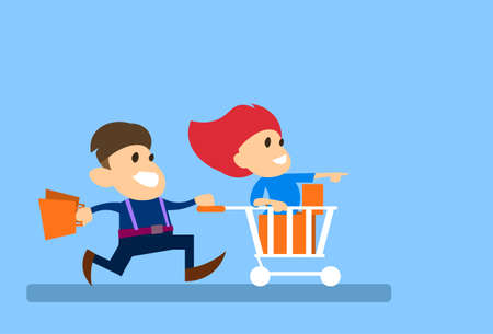 Couple Man Run With Woman Sit In Shopping Cart Trolley Sale Concept Illustrationのイラスト素材
