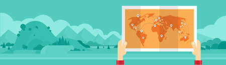 Hand Hold World Man Travel Tourism Concept Mountain Landscape Background Horizontal Banner Illustrationのイラスト素材
