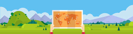 Hand Hold World Man Travel Tourism Concept Mountain Landscape Background Horizontal Banner Illustrationのイラスト素材