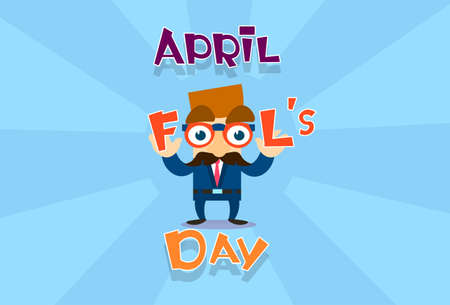 Fool Day April Holiday Greeting Card Banner Comic Business Man Fake Nose, Mustache Flat Vector Illustrationのイラスト素材